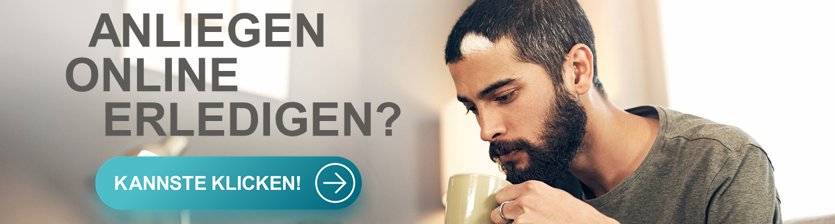 Mann mit Tasse und Text Kannste Klicken